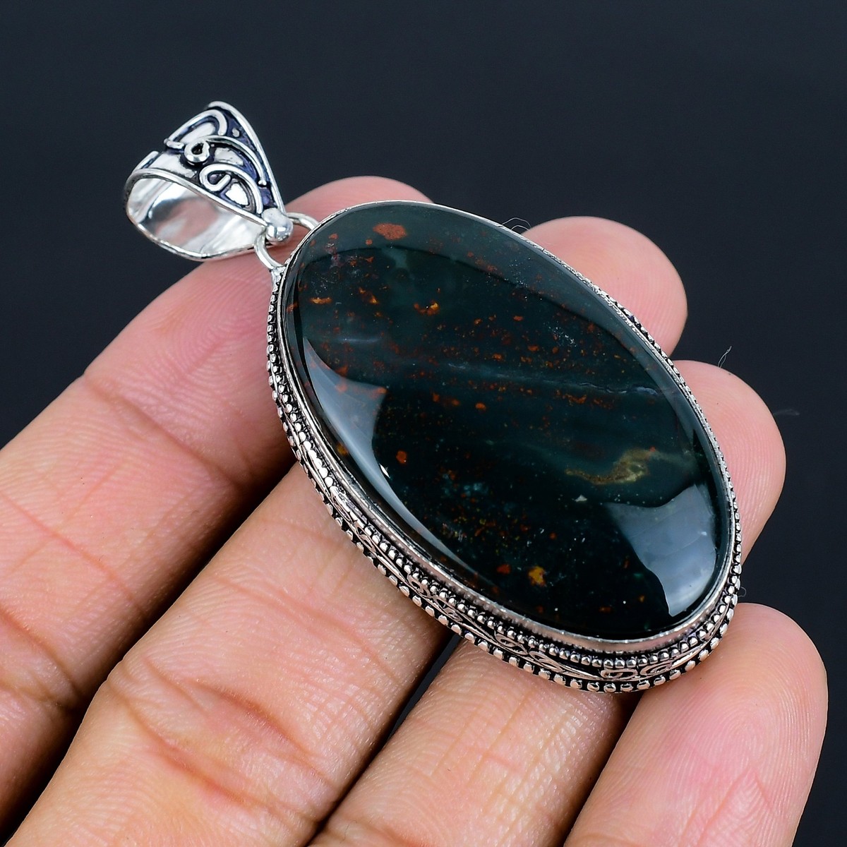 Vintage Bloodstone Gemstone 925 Sterling Silver Jewelry Pendant