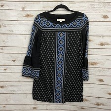 Loft Black Blue Mosaic Bell Sleeve Shift Dress Size Small Career