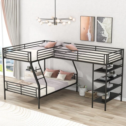 L-shaped Triple Bunk Beds Metal Bed Frames Loft Bed with Shelves Kids Bunk Beds - Image 4 of 4