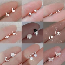 Fashion 925 Silver Small Rabbit Moon Heart Zircon Ear Stud Hoop Earrings Women