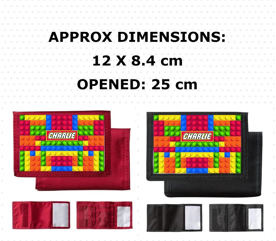Personalised Bricks Girls Boys Name Wallet - Kids Red Black Money Wallet / Purse