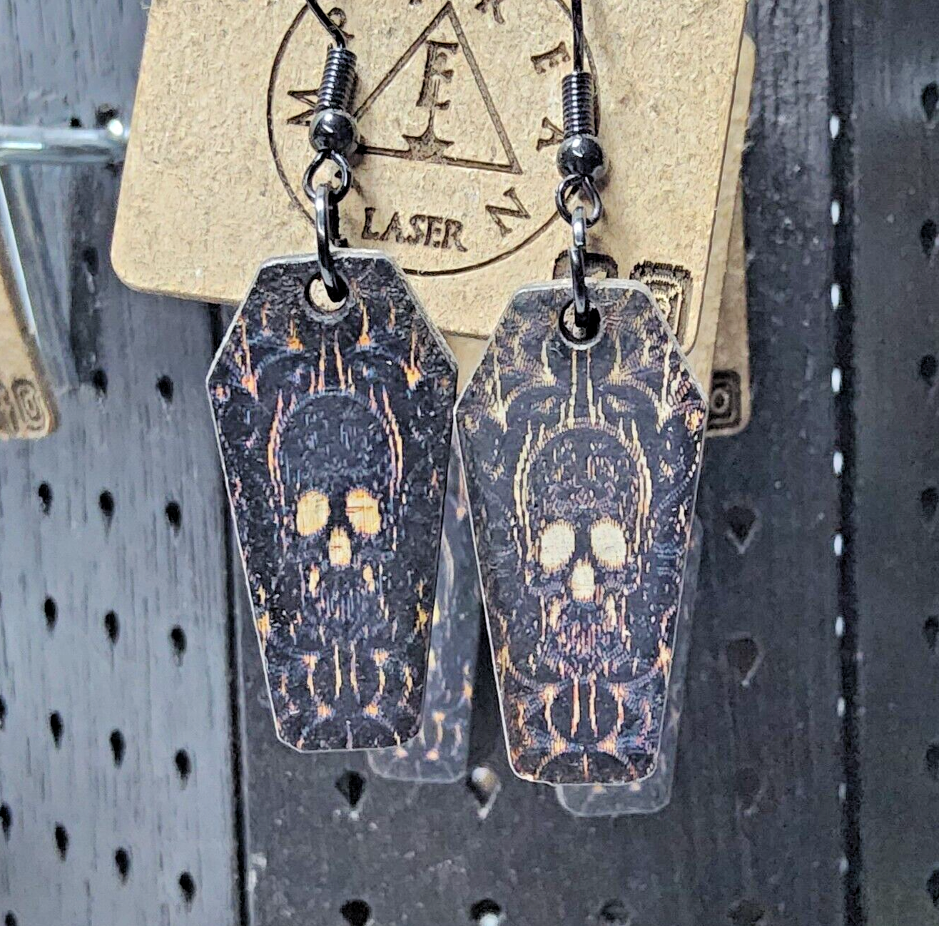 Laser engraved cut sugarskull earrings hallowen custom art horror fashion coffin