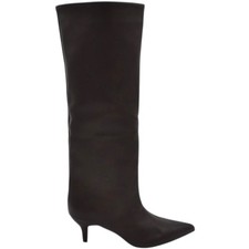 Stivali alti donna al ginocchio in pelle marrone a punta tacco a spillo 4 cm zip