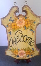 Vintage Welcome Sign Wood Plaque Folk Art Country Cottage Hand Painted 1980's