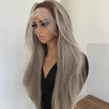 Mix Grey Synthetic Hair Heat Resistant Lace Frontal Wigs Long Straight Soft