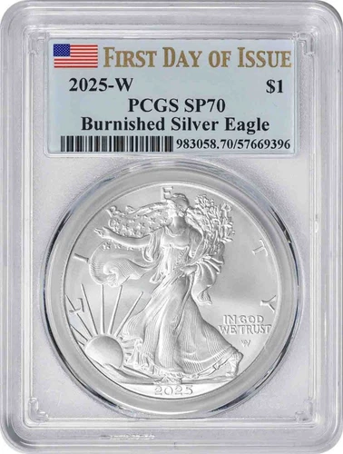 2025-W $1 American Silver Eagle Burnished SP70 First Day of Issue PCGS
