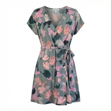 Nine West Floral Wrap Dress Short Sleeve Tie Waist Midi Green Pink Women's L