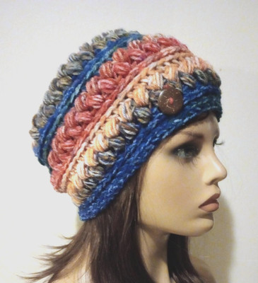 crochet handmade womans hat beanie sunset beach puffs new