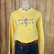 Vintage Birdhouse Embroidered Sweatshirt Long Sleeve Floral 90s Cottage Garden