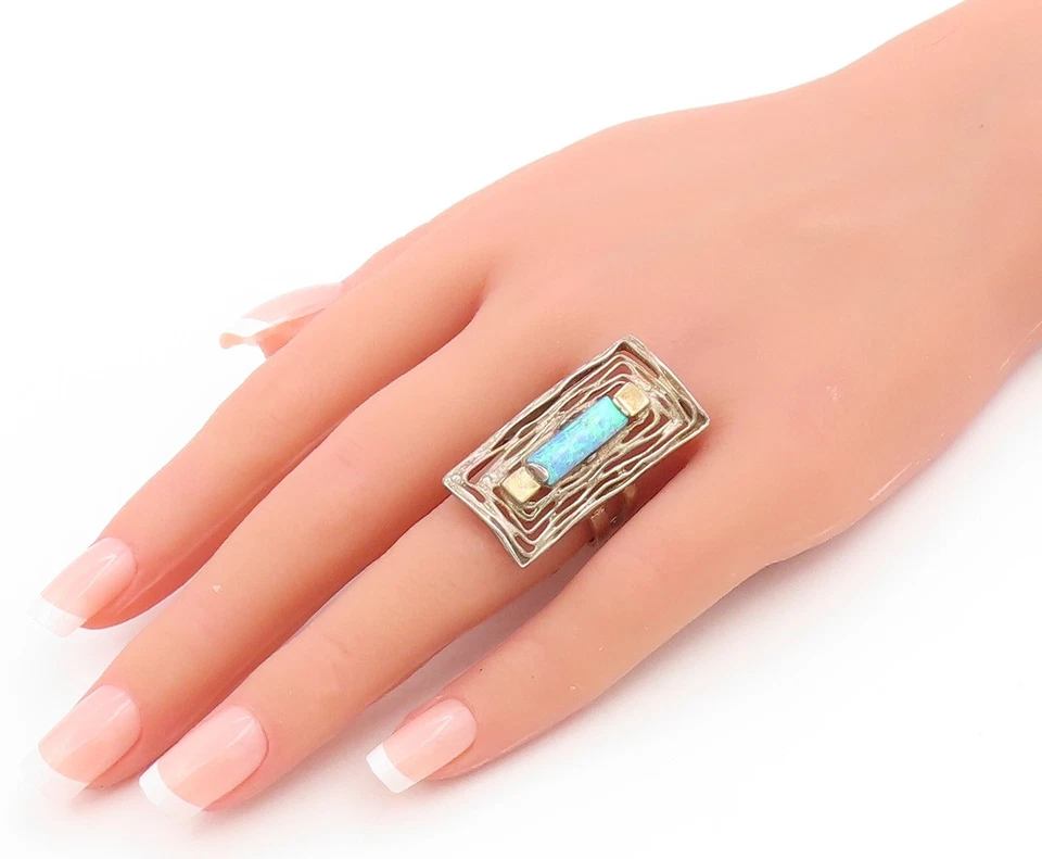 14k Gold & 925 Sterling Silver Vintage Ring Brutalist Opal Band  Sz 8  RG34110 - Image 3 of 4