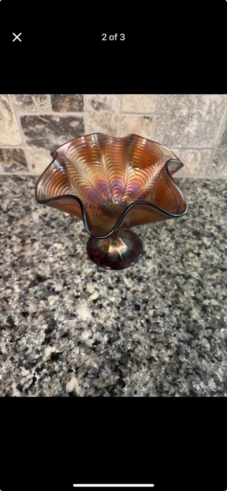 Vtg Fenton Peacock Tail Iridescent Ruffled Pedistal Bowl - Image 3 of 3
