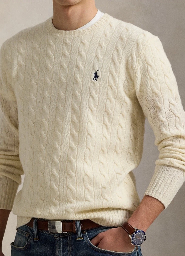 $148 Polo Ralph Lauren Men’s Cable Knit Wool-Cashmere Crewneck Sweater Cream S