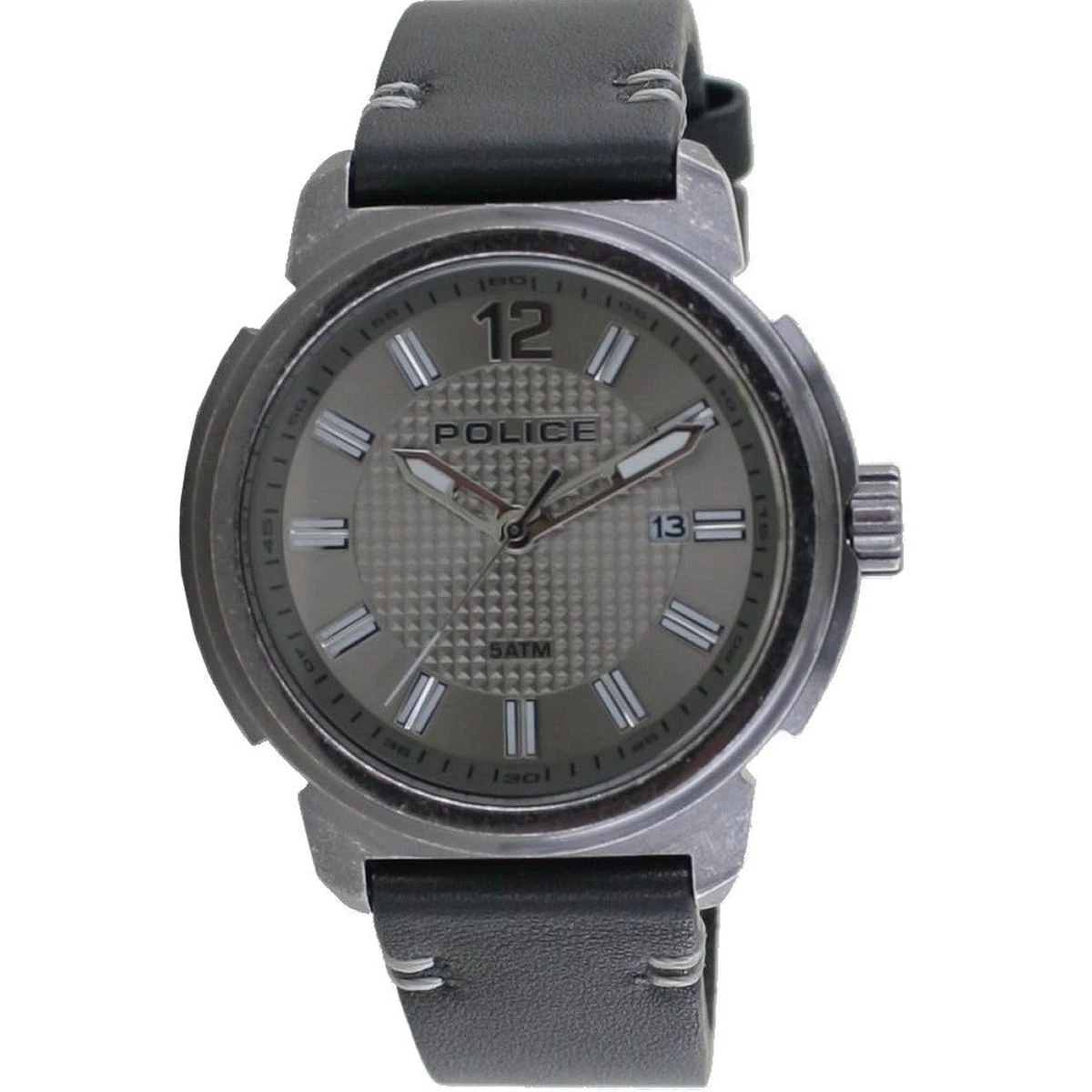 Montre Homme Police à Cadran Carré - Mouvement Quartz, Bracelet Cuir Noir - Boîtier Argenté Acier - Occasion Très Bon état