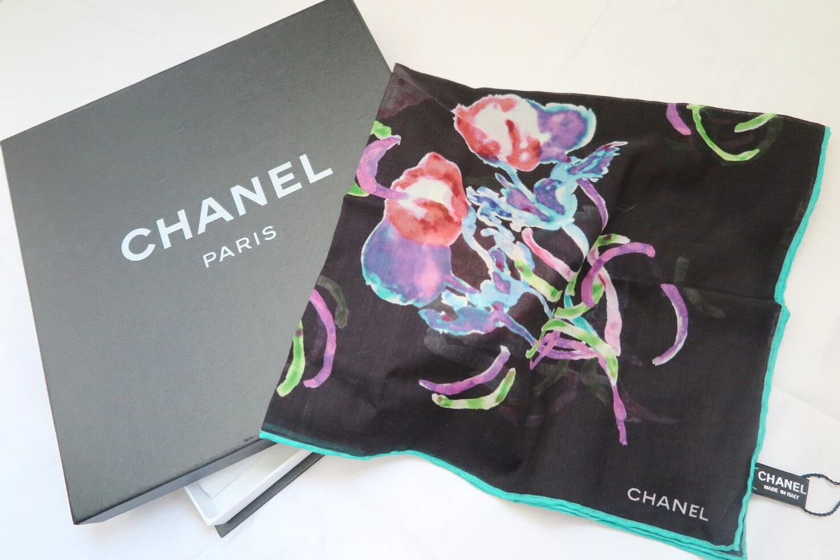 CHANEL floral print scarf for dress throw camellia brooch pin charm silk cc  coco