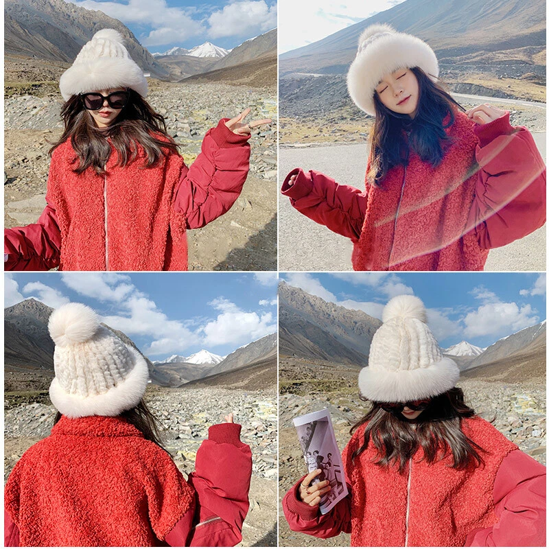 Winter Women Warm Rex Rabbit Fur Fox Fur Hat Outdoor Fluffy Knitted Hat Cap - Image 2 of 4