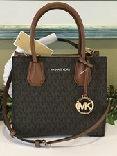 MICHAEL KORS MERCER MEDIUM MESSENGER CROSSBODY SATCHEL BAG MK BROWN SIGNATURE
