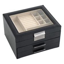 3-Layer Jewelry Box with Large Glass Window, Leather Storage Box, Necklace, Ring
