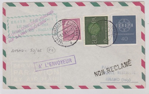 AEROPHILATELICA - 1961 GERMANY FLIGHT DUSSELDORF - MILAN B/6753