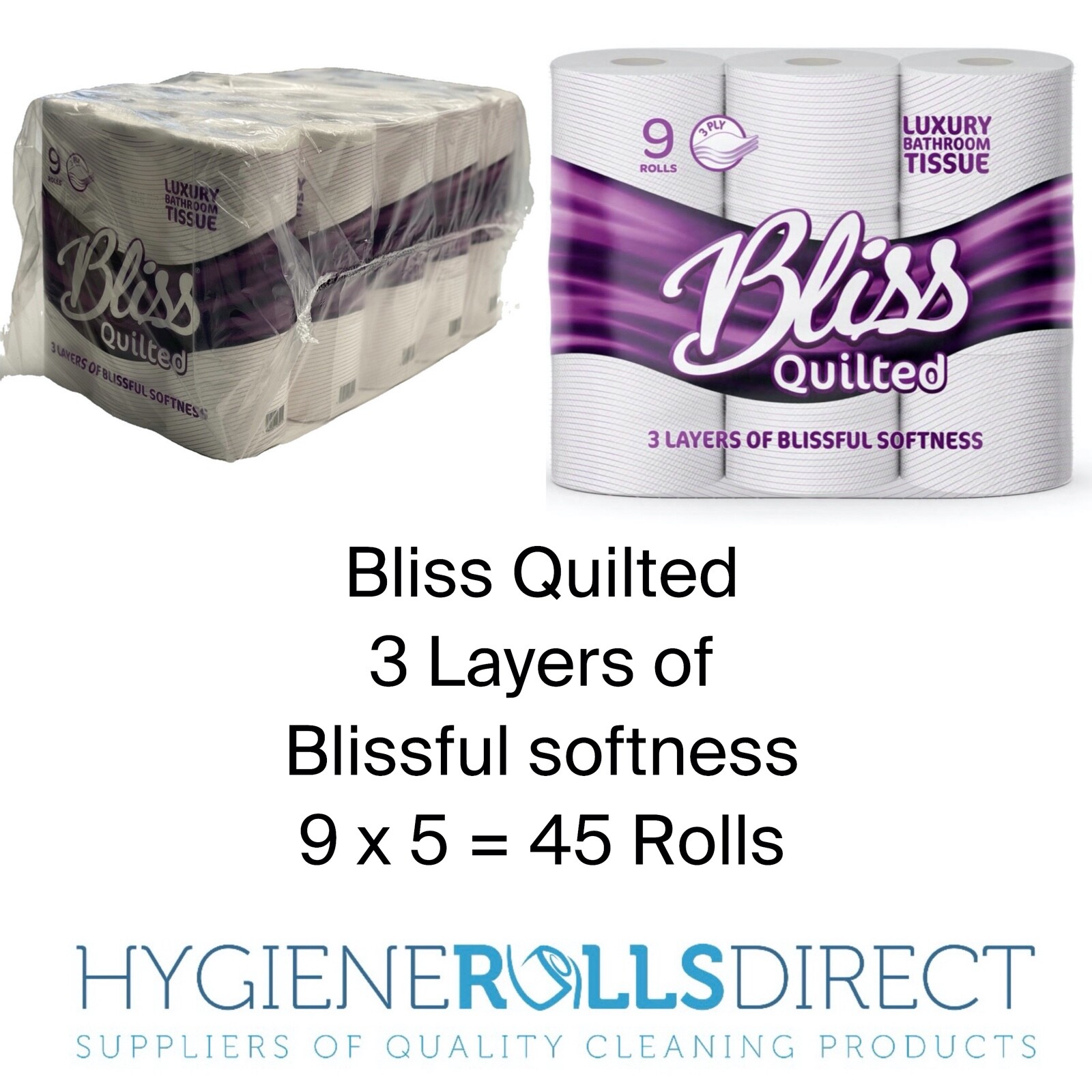 Bliss Essence Soft 3 Ply Quilted Toilet Rolls White, 45 Rolls for