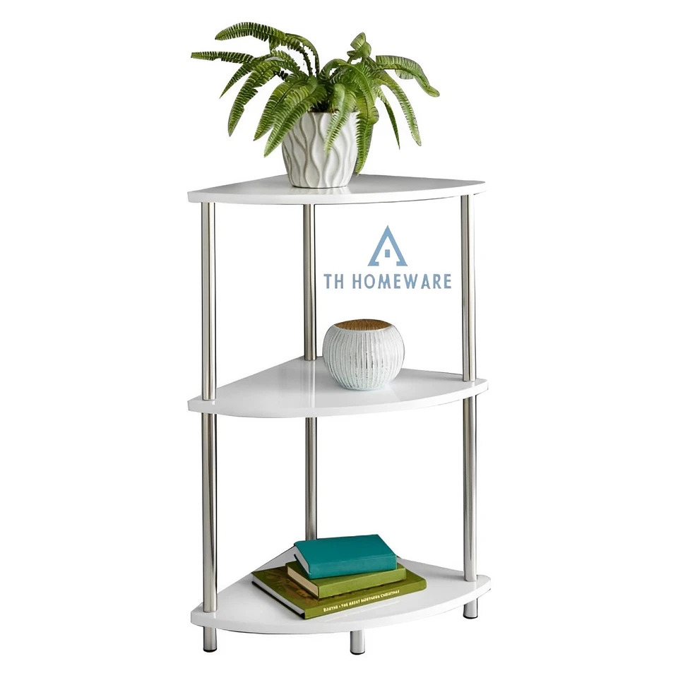 3 Tier White Corner Shelf Beside Table Storage Shelves Unit Chrome Metal Legs UK - Image 3 of 3