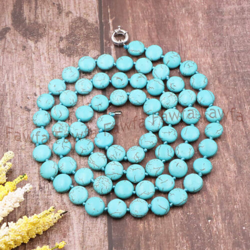 Fine Natural 10mm Blue Turquoise Coin Gems Beads Jewelry Long Necklace 18-36'' - 第 1/9 張圖片