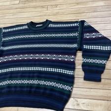 STUDIO Vtg 80s 90s Fairisle Sweater Men M Gren Blue Ramie Nordic Stripe 46-48"
