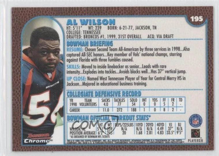1999 Bowman Chrome Al Wilson #195 Rookie RC - Image 2 of 2