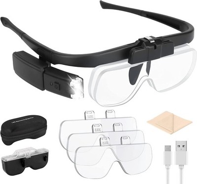 LED Head Magnifier Glasses 3 Detachable Lenses USB Rechargeable Light