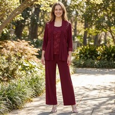 Traje pantalón formal Fanny 1996 jersey y encaje para mujer-talla XL-BORGOÑA-NUEVO