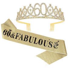 60th Birthday Sash and Tiara for Women, Gold Crown 60 and Fabulous Sash Crown