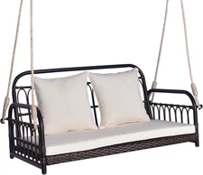 Outdoor Wicker Porch Swing, 2-Person Hanging Seat with Seat & Back Cushions, Hea