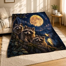 Moonlit Raccoon Family Coral Fleece Blanket Night Wildlife Decor