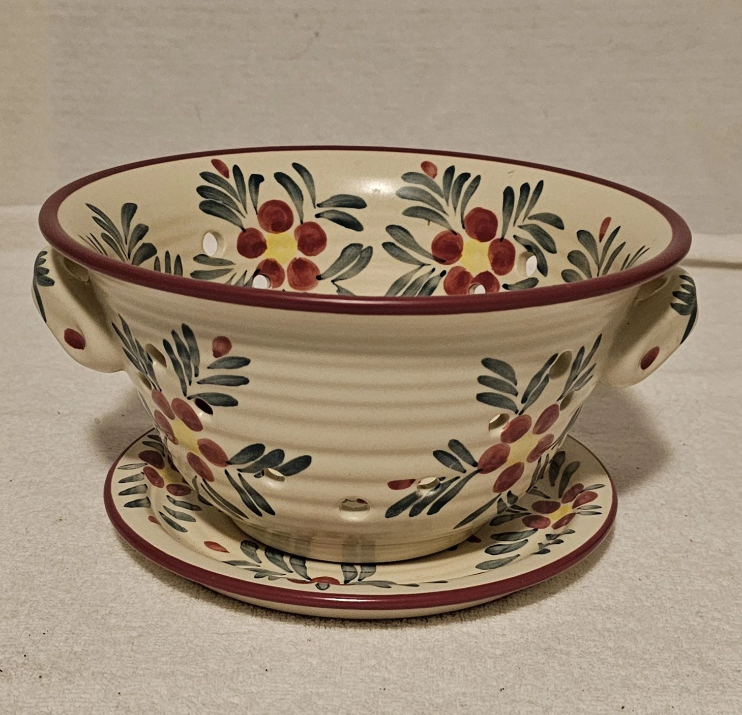 New Debco Ceramic Berry Strainer Bowl Small Colander & Plate Farmhouse Country