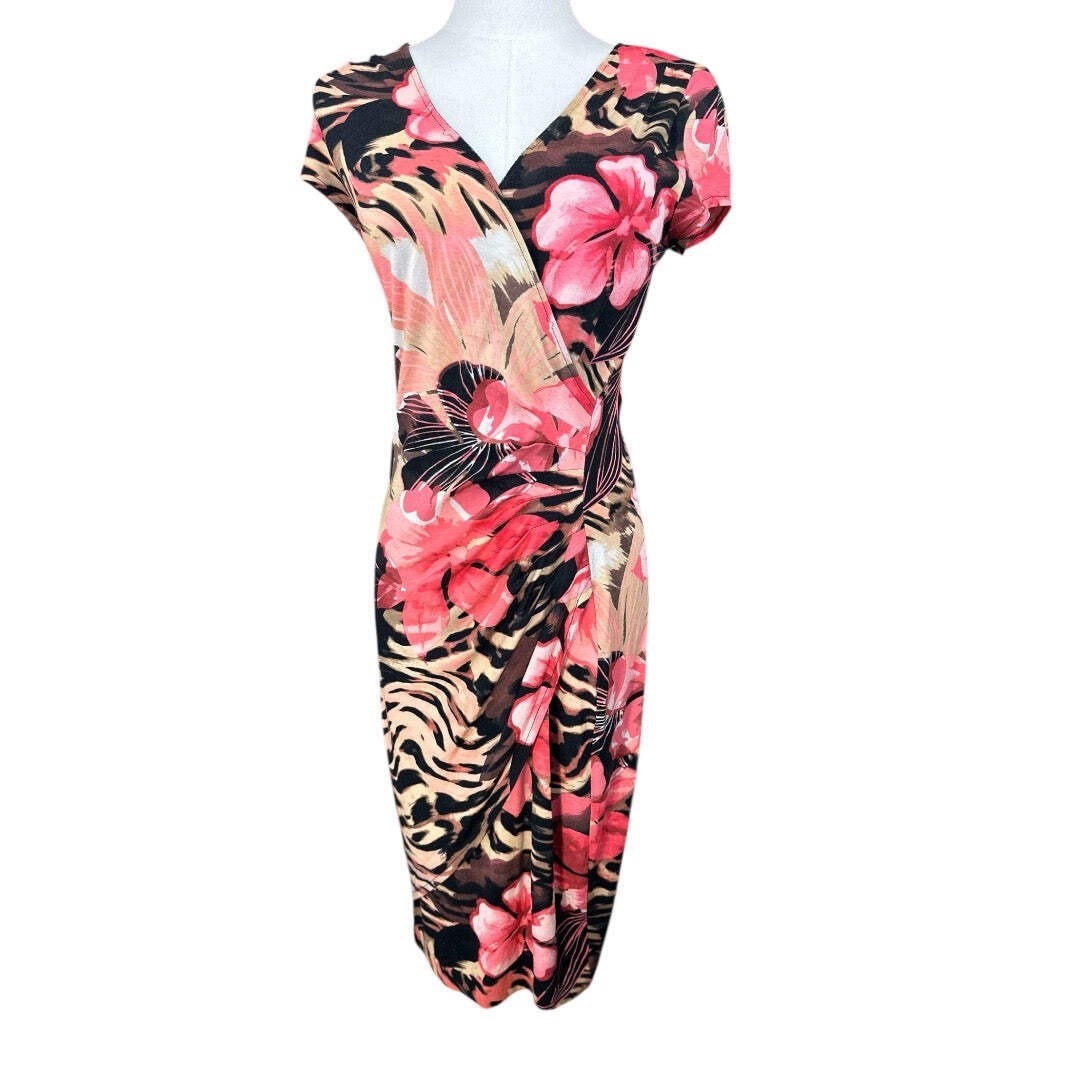 Cache Womens Floral Animal Print Faux Wrap Sheath Dress Pink Black Medium