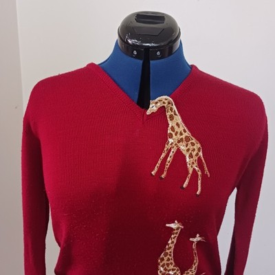 Vintage Cyn Les Shirlee Sweater Size M Maroon Retro Giraffe Embroider Animals