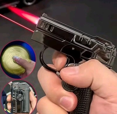 Laserpointer Spinning Sturmfeuerzeug im Pistolen-Design Gas Feuerzeug klappbar 