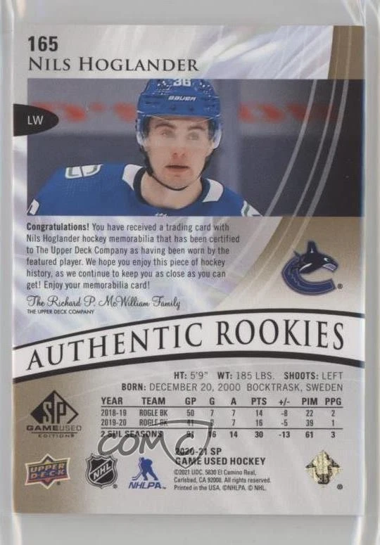2020 SP Game Used Authentic Rookies Gold /65 Nils Hoglander #165 Rookie Patch RC - Image 2 of 2