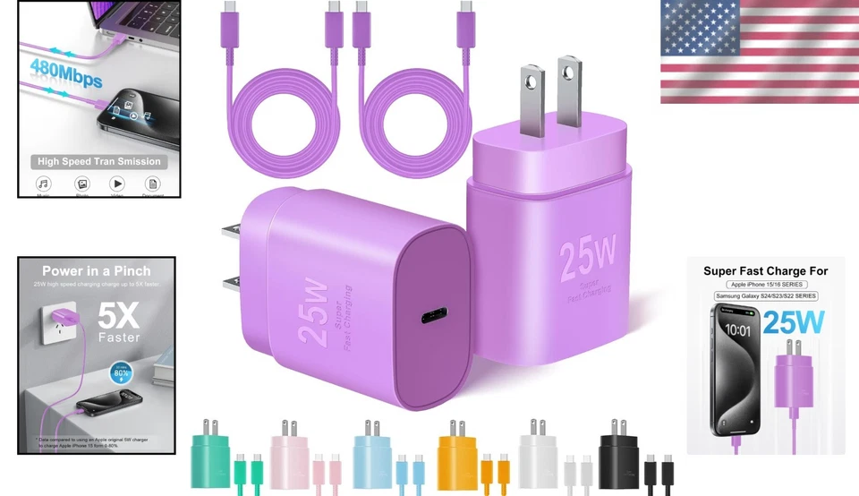 25W USB-C Charger Set: 2-Pack Fast Charge with Long Cables for iPhone & Galaxy - Изображение 2 из 4