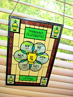 VINTAGE PHARMACY SCHERING FRATERNITY STAINED GLASS LOOK PANEL!