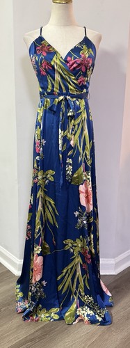 Sz M Lulus Long Satin Floral Maxi Dress Tie Waist Strappy Tropical Beach Long