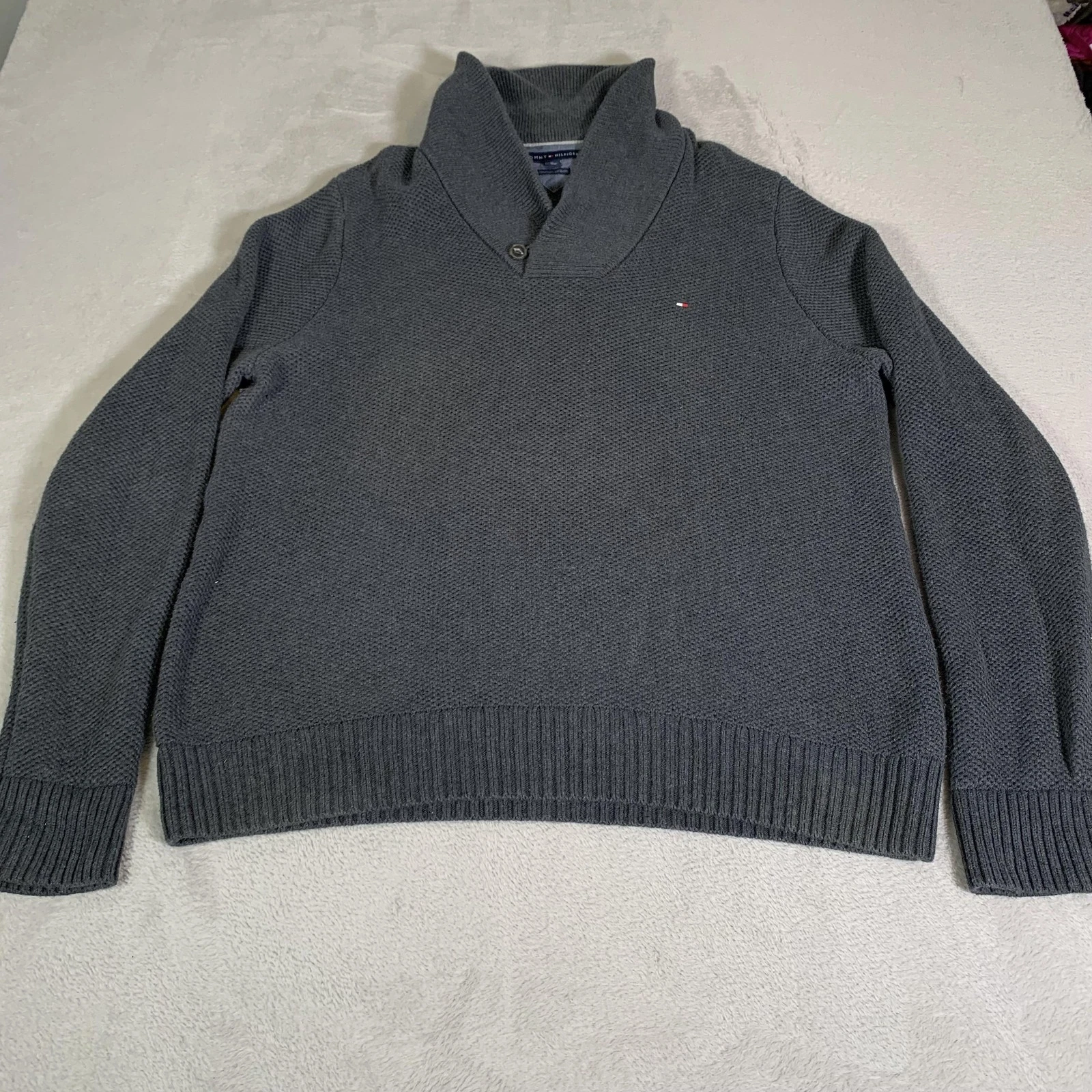 Tommy Hilfiger Sweater Mens XL Gray Shawl Collar Pima Cotton Wool Chunky Knit