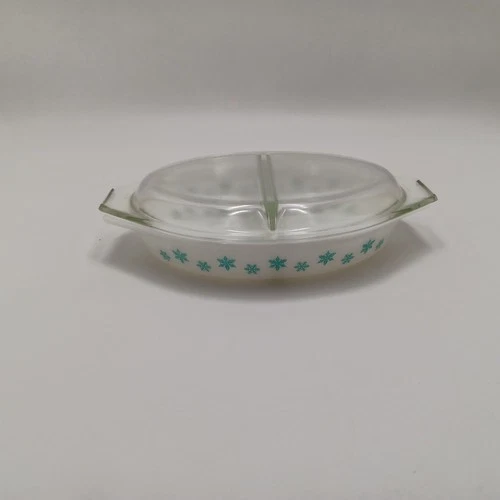 Vintage Pyrex Turquoise Snowflake Divided 1-1/2 Quart Casserole Dish With Lid 35