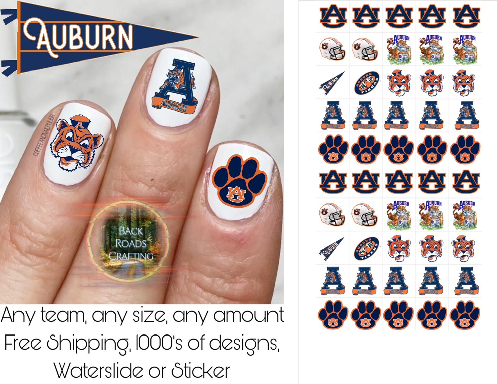 Auburn Tigers Football Waterslide Nail Art Decals Set Of 50 Instructions & Bonus
