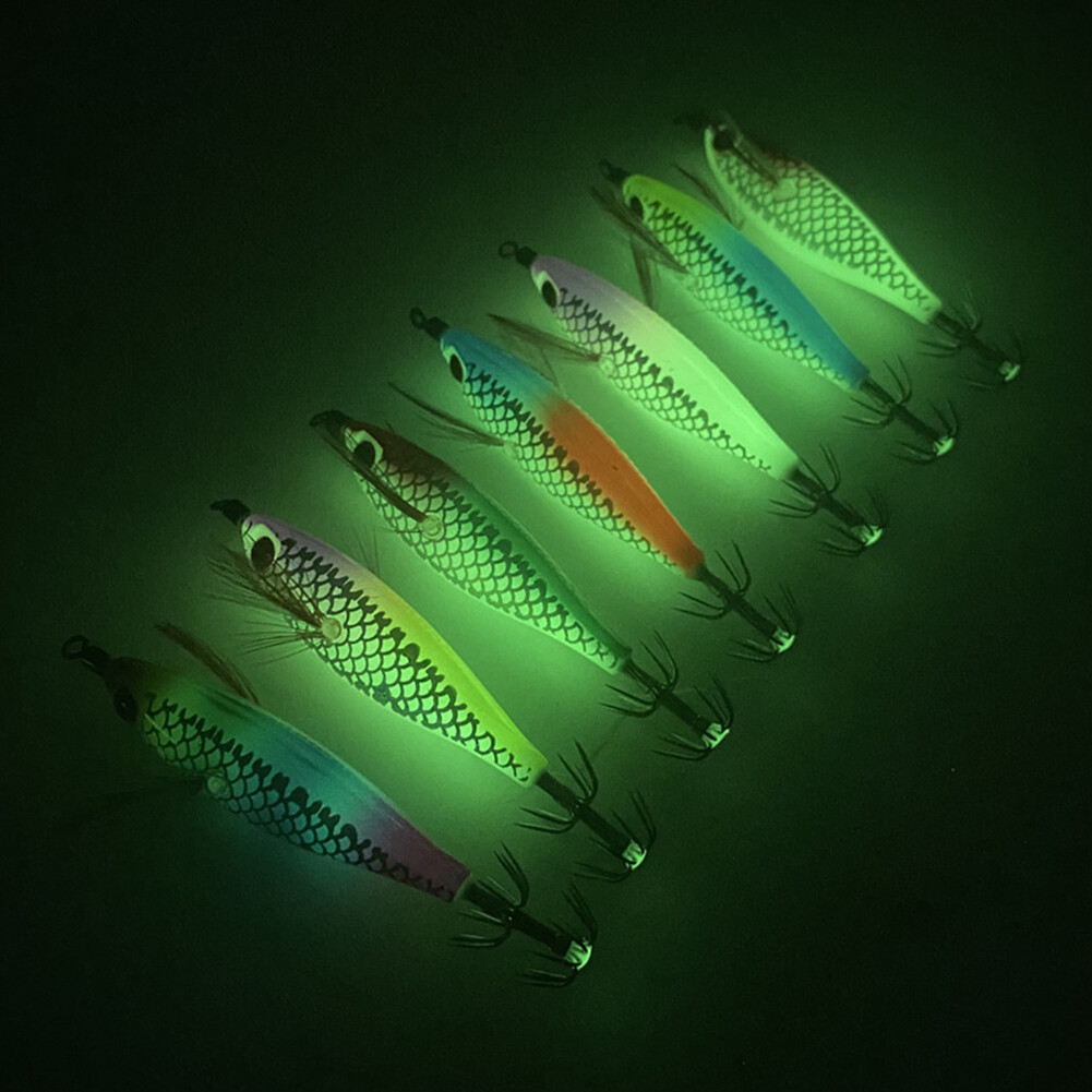 Fluorescent Fishing Lures Wood Shrimp Lure with Squid Hook for Sea