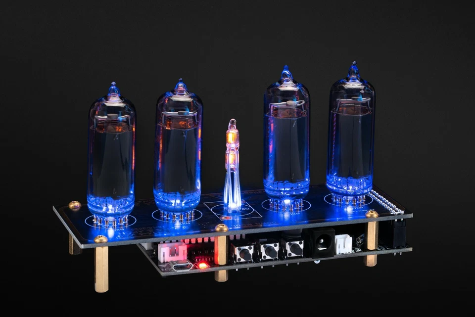 Reloj Nixie Tubes IN-14 con Columna y Enchufes 12/24H 4 Tubos DORADO\TABLEROS NEGROS Foto 4 de 4