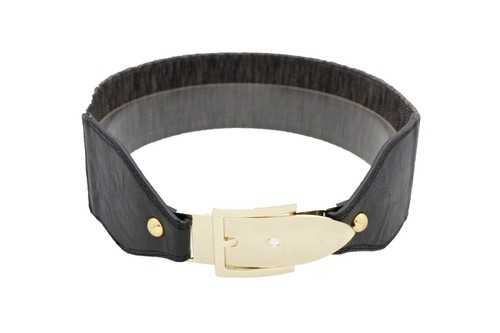 Women Gold Metal Bling Buckle Causal Day Wear Black Elastic Fabric Belt Size S M - Picture 3 of 12