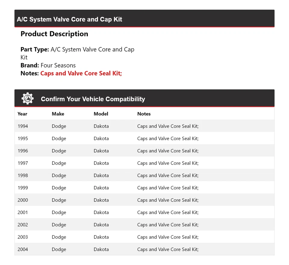 Kit de núcleo y tapa de válvula de sistema de aire acondicionado para Dodge Dakota 1994-2004 4 estaciones 1995 1996 Foto 2 de 4