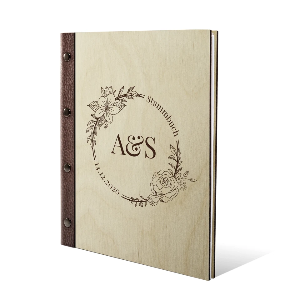 Personalisiertes Stammbuch Birkensperrholz Holz Leder A5 - Blumen Initialen - Bild 2 von 4