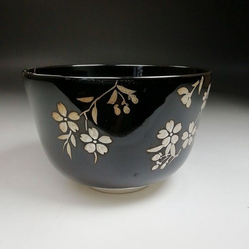 Japanese antique matcha bowl – Kuroyu silver sakura design, Hashimoto Eihō, - Picture 5 of 19