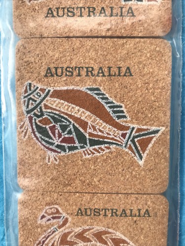 Sottobicchieri vintage in sughero arte aborigena australiana animali che bevono 3,5" numero 6 nuovi con scatola - Foto 7 di 9